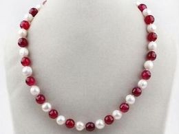 7-8mm White Freshwater Pearl and Red 8mm Round Beads Necklace 17"