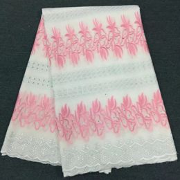 5Yards/pc Beautiful white african cotton fabric with pink embroidery swiss voile lace for clothes BC31-1