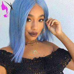 New African American Short blue Wig 180 Full Density brazilian hair Bob Wigs Heat Resistant Glueless Synthetic Lace Front Wig For Women