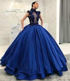 Navy Blue Sequined Ball Gown Prom Dresses Sheer High Neck Beaded Evening Gowns Vestidos De Fiesta 3D Appliqued Satin Formal Dress