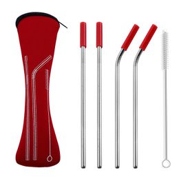 4pcs/set Reusable Stainless Steel Straws With Silicone Tips With Clean Brush & Cloth Bag Wedding Party Straw QW8268