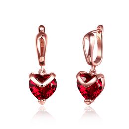 Factory Price Wholesale 18K Rose Gold Plated Red Zircon Heart Drop Earrings Woman Fashion Party Jewelry Wedding Gifts Free Shipping