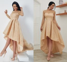 2022 Long Sleeve Bling Gold High Low Evening Dresses Round Sheer Neck Sparkling Sequin See Through Back Formal Party Dress