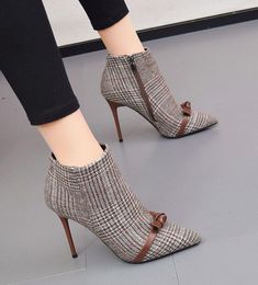 2018 elegant style women grid print boots women thin heel point toe bowtie boots Martin ankle booties ladies zip up party shoes