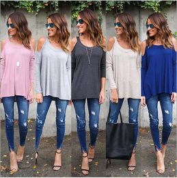 Shirts Women Summer Casual T-Shirt Sexy V Neck Tops Off Shoulder Fashion Tees Long Sleeve Solid Blouses New Blusas Women's Clothing B4068