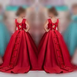 Cheap Arabic Flower Girl Dresses For Wedding 2018 Beaded Waist Satin A Line Girls Pageant Gowns Hollow Back With Bows Children Party Dress