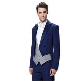 Best Design Blue Tailcoat Men Wedding Tuxedos Excellent Groom Tuxedos Groomsmen Men Dinner Prom Ceremonial Dress(Jacket+Pants+Tie+Vest) 784