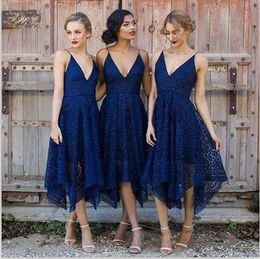 Lace V Neck Short Navy Blue Bridesmaid Dresses Sexy Straps African Nigerian Lace Dress