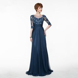 Navy blue long bridal mother formal dress A-line 1/2 sleeve beaded lace wedding party