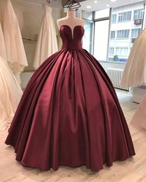 Simple Wine Red Cheap Quinceanera Prom Dresses Ball Gowns Corset Back Sweetheart Satin Ruched Sweet 15 16 Formal Dresses