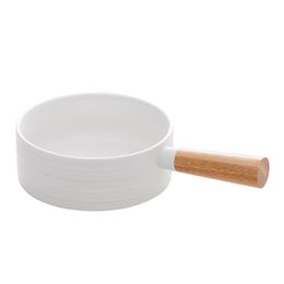 Nordic Ceramic Serving Bowl with Wooden Handle for Soup Noodle Cereal Porcelain Home Hotel Restaurant Dinnerware 18 Ounce Assorted Colour