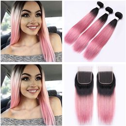 T1B/Pink Ombre 4x4 Lace Closure with 3 Bundles Straight Peruvian Virgin Human Hair Pink Ombre Human Hair Weaves Extensions with Closure