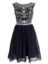 Short Prom Party Dresses Homecoming Gown A Line Sheer Neck Backless Navy blue Beads Crystals Party Cocktail Dress Chiffon