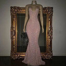 Stunning Rose Pink Sequined Evening Gown Long Spaghetti Strap Mermaid Sleeveless Prom Dress Sexy Celebrity Gowns