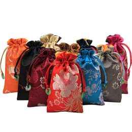 Luxury Floral Long Drawstring Gift Bag Christmas Bags Gift Jewelry Packaging Bags Chinese Silk Brocade Cell Phone Pouch 9x15 cm 10pcs/lot