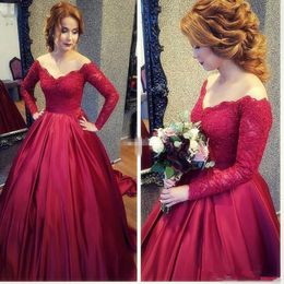 Vintage Long Sleeve Women Formal Evening Dresses Red Lace Sequins Off Shoulder 2019 Plus Size Mother Dresses Prom Gowns Arabic 41