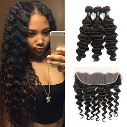 Brazilian Loose Deep Wave Virgin Hair With Lace Frontal Human Hair 3 Bundles With Closure Natural Colour Cheap Pre Plucked Lace Frontal