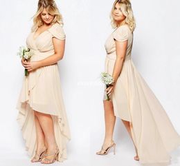 Summer High Low Plus Size Wedding Bridesmaid Dresses Short Sleeve Champagne Chiffon 2018 Short Sleeves Maid of Honour Party Gowns Prom Dress