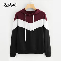  Cut And Sew Drawstring Colorblock Hoodie Women Autumn Casual Multicolor Pullovers Ladies Hooded Long Sleeve Sweatshirt