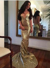 Sexy Gold Applique Evening Gowns Mermaid Spaghetti V-neck Open Back Simple Long Prom Dress Special Occasion Dress For Women Plus Size