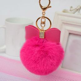 Fashion Women Rabbit Fur Ball Hair Bow Crystal Rhinestone Ball Pom Charm Car Keychain Handbag Key Ring Pendant