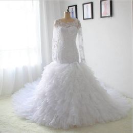 Stunning Ruffles Mermaid Wedding Dresses Bridal Gowns Long Sleeve Sequin Beaded Cheap Jewel Neck Lace Applique African Designer For Women