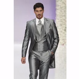New Arrival Peaked Lapel Silvery Morning Style Tailcoat Men Party Groomsmen Suits in Wedding Tuxedos(Jacket+Pants+Tie+Vest) NO;308