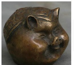 Collect China Fengshui Bronze Folk Zodiac Year Pig Fu Word Head Bust Sculpture