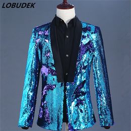 Vocal Concert Fashion Men Purple Blue Sequins Blazers Double Colour Sequins Jacket Coat Prom Party Male Singer Host Stage Outfit Tide Costume