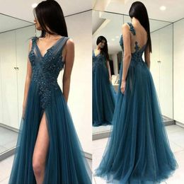 Elegant High Split Backless Teal Evening Dresses Beaded Sheer Tulle Saudi Arabia African Party Prom Dresses Pageant Gown Robe De Soiree