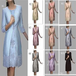 Elegant Mother of the Bride Dresses with Jacket Jewel 3 4 Long Sleeve Formal Dress Lace Applique Knee Length Evening Gowns