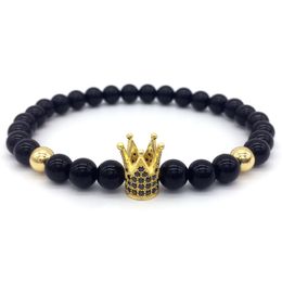 2018 Trendy Imperial Crown Pave Black CZ Beads Natural Onxy Stone Men Strand Bracelets Jewelry Gift