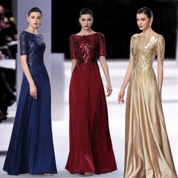 Sparkling Mother of the bride dresses shining sequins top short sleeves zipper back satin chiffon long mother's dresses dark blue,burgundy