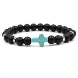 Unisex Natural Stone Cross Charm Armband Hand Arbete Svart Onyx Volcano Matte Beaded Armband för Kvinnor Män