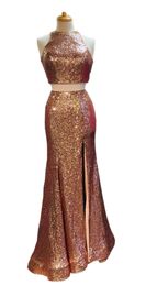 2021 Luxury Rose Gold Sequin Dresses Evening party Wear Two Piece Crystal beaded Mermaid Side Slit Long Cheap Prom pageant Formal Dress Gown