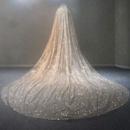 100% real fotos véu de ouro bling bling lace brilhando longo comprimento catedral véu de noiva luxuoso véu de noiva