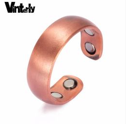 Vinterly Mens Magnetic Ring Matte Finished Health Energy Simple Adjustable Open Cuff Pure Copper Rings for Arthritis Pain Relief