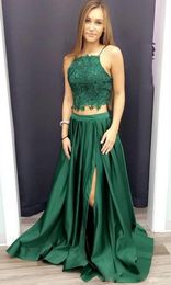 two piece prom dresses slit UK - 2018 Best Selling Sexy Two Piece A-Line Green Lace Long Prom Dress with Side Slit vestidos de fiesta Evening Party Formal Gowns