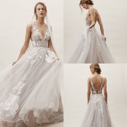 BHLDN A Line Beach Wedding Dresses V Neck Sexy Backless Lace Appliqued Sweep Train Cheap Boho Wedding Dress Plus Size Bridal Gowns
