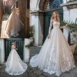 Vintage Sheer Long Sleeves Lace Wedding Dresses 2019 V Neck Tulle Court Train A Line Wedding Bridal Gowns Summer Beach Wedding Gown