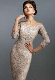 2018 Mother Off Bride Dresses Scoop Full Lace 3 4 Long Sleeves Knee Length Sheath Plus Size Mother Of The Bride Dress