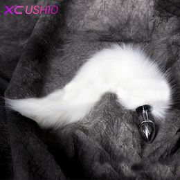 1PC Pure White Tail Butt Metal Plug 35cm Long Anal Sex Toys for Woman Animal RolePlay Cosplay Tail Sex Products S924