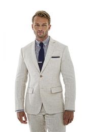 Summer Beige Linen Men Suits Custom Made Wedding Suits Blazer Tailored Tuxedo Jacket Men Groom Beach Prom 2 Pieces Slim Fit Terno Masculino