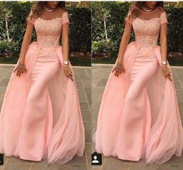 Arabic Dubai New Coral Mermaid Lace Applique Short Sleeves Sweep Train Formal Evening Party Wear Prom Dresses Custom