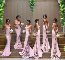 Blush Pink Bridesmaid Dresses Spaghetti Strap Sleeveless Mermaid Lace Junior Country Formal Dresses Long Maid Of Honor Dress HY250