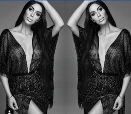 Evening dress Yousef aljasmi Kim kardashian Dolman sleeve V-Neck Beaded Mini Almoda gianninaazar ZuhLair murad Ziadnakad