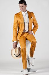 Brand New Yellow Satin 2 Piece Suit Men Wedding Tuxdos High Quality Groom Tuxedos Notch Lapel Two Button Men Blazer(Jacket+Pants+Tie) 1216