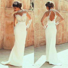 Sheath Wedding Dresses Sheer High Neck Illusion Long Sleeves Lace Appliques Beach Wedding Dress Open Back Bridal Gowns Sweep Train