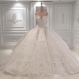 Vestido De Noiva Ball Gown Wedding Dresses 2019 Off The Shoulder Cathedral Train Lace Appliques Bridal Gown For Church Custom Made