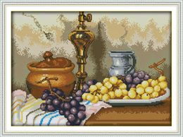 Grapes and clay pots oil decor paintings ,Handmade Cross Stitch Embroidery Needlework sets counted print on canvas DMC 14CT /11CT